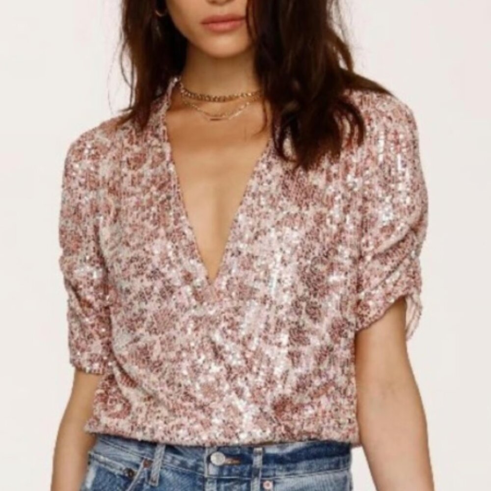 Heartloom Pink Sequin Faux Wrap Top Size Med